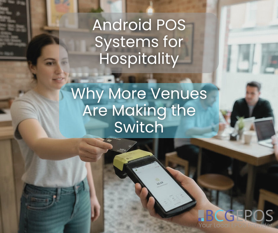 Android hospitality POS system with touchscreen terminal and handheld ordering device in a busy restaurant environment.