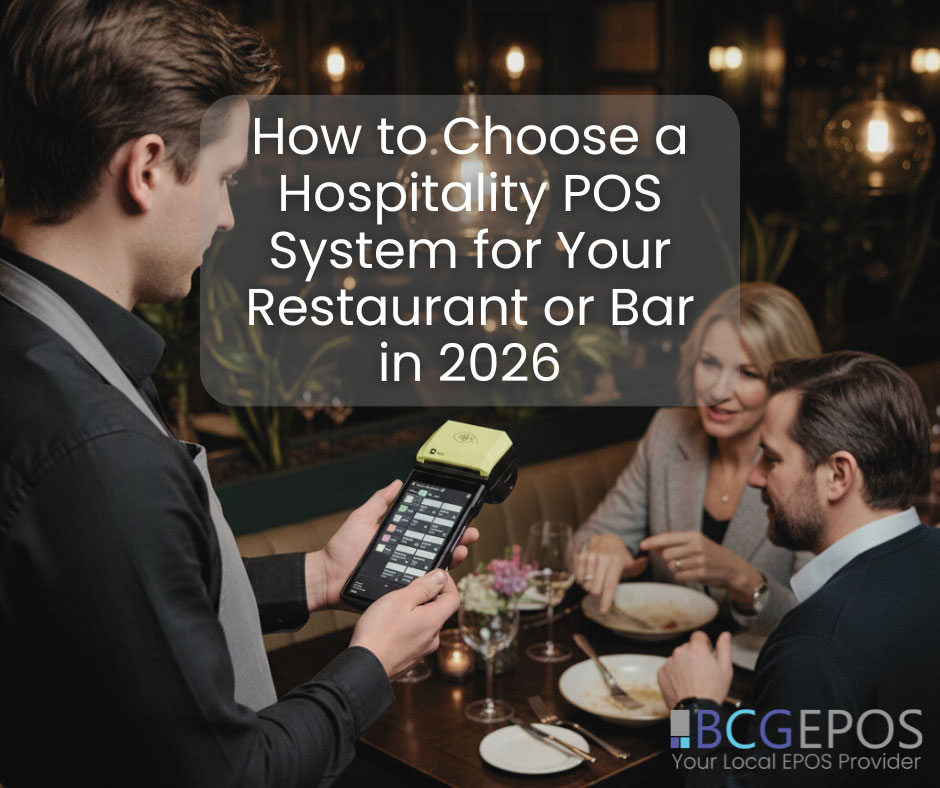 Modern Android hospitality POS system in a busy restaurant with touch screen terminal and handheld ordering device in use.