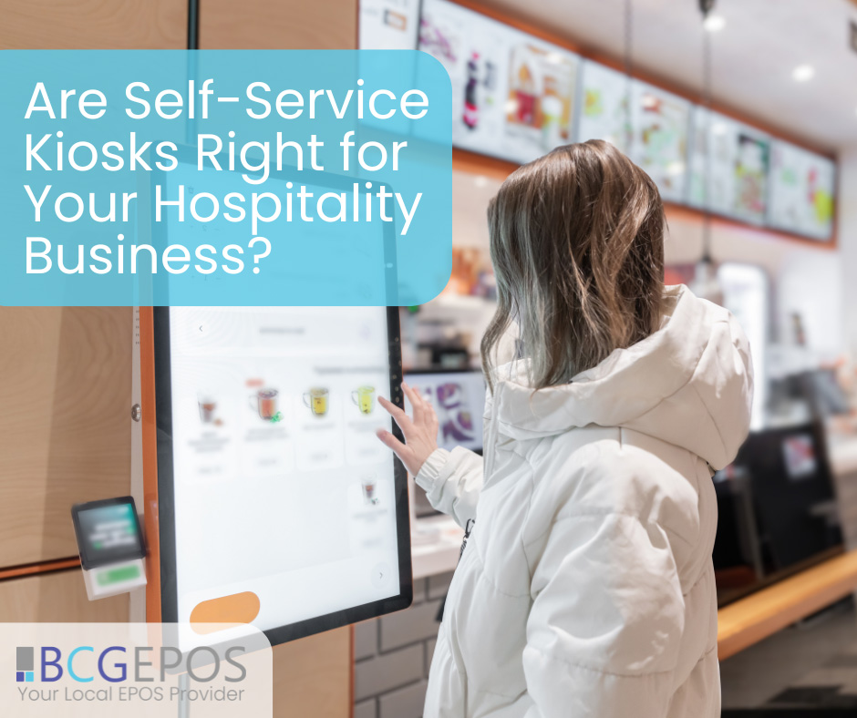 Self-service ordering kiosk in a restaurant with customer using touchscreen to place food order connected to EPOS system.