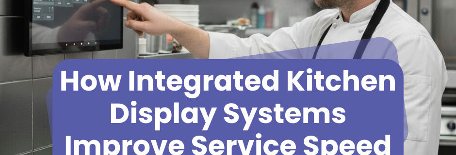 Digital kitchen display system screen showing live restaurant orders integrated with POS and handheld devices in a busy kitchen.