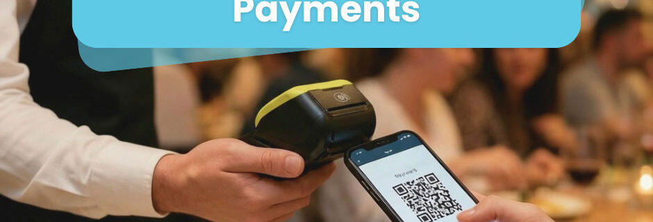 Modern hospitality EPOS system with touchscreen POS, handheld device and kitchen display screens connected in a busy restaurant environment.