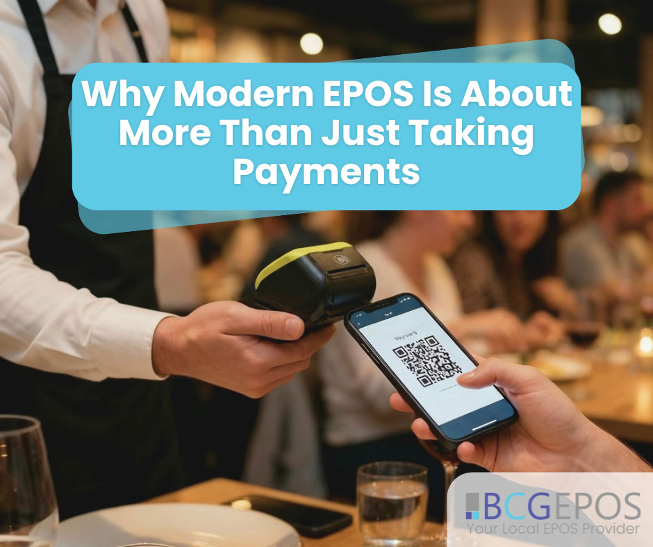 Modern hospitality EPOS system with touchscreen POS, handheld device and kitchen display screens connected in a busy restaurant environment.