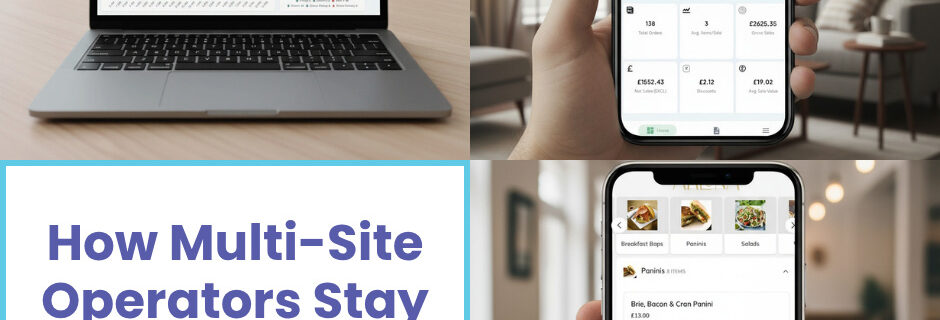 Hospitality manager reviewing multi-site EPOS reporting dashboard on tablet with multiple restaurant locations displayed in real time.