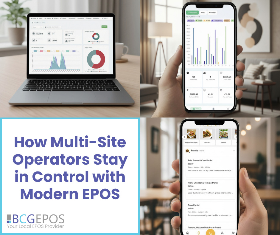 Hospitality manager reviewing multi-site EPOS reporting dashboard on tablet with multiple restaurant locations displayed in real time.