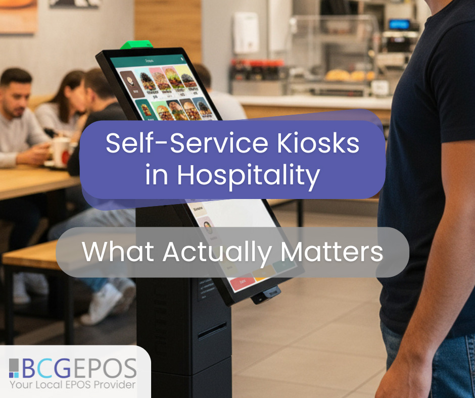 Self-service kiosk in hospitality venue with customer placing order on touchscreen connected to integrated POS and kitchen display system.