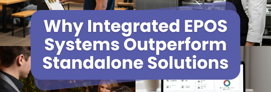 Integrated hospitality EPOS system showing POS terminal, handheld device and kitchen display screens working together in a restaurant.