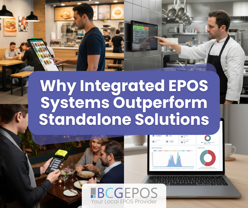 Integrated hospitality EPOS system showing POS terminal, handheld device and kitchen display screens working together in a restaurant.