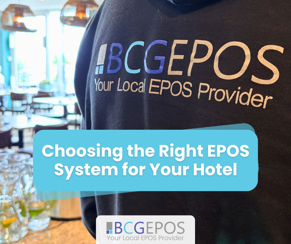 Hotel staff using EPOS system across restaurant and bar areas with central reporting dashboard for hospitality operations.