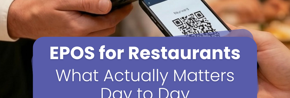 Restaurant staff using EPOS system with handheld device and kitchen display screens during busy service in a modern dining environment.
