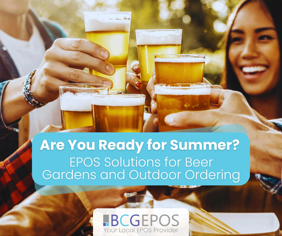 Hospitality staff using handheld EPOS device to take orders in a busy beer garden with outdoor tables and connected service systems.