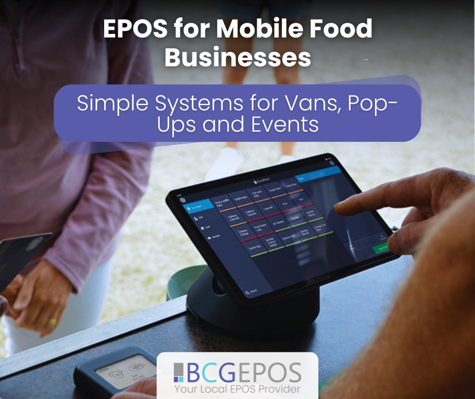 Mobile food van using all-in-one EPOS and payment device to take orders at a busy outdoor event.
