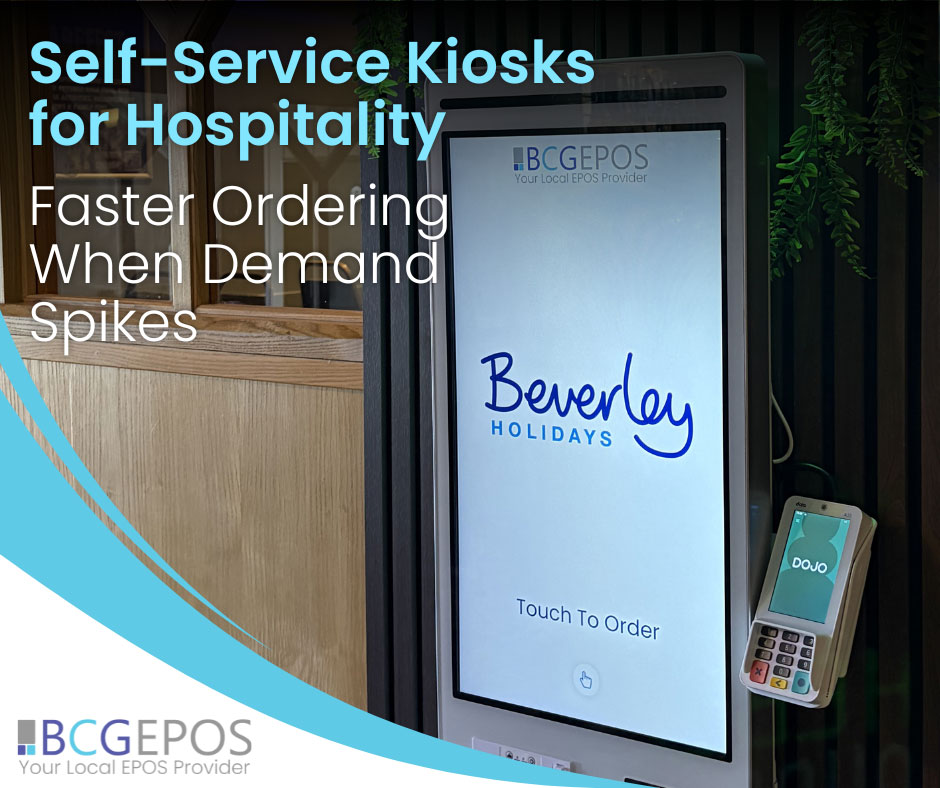 Customer using self-service kiosk in a busy hospitality venue with orders connected to EPOS and kitchen display systems.