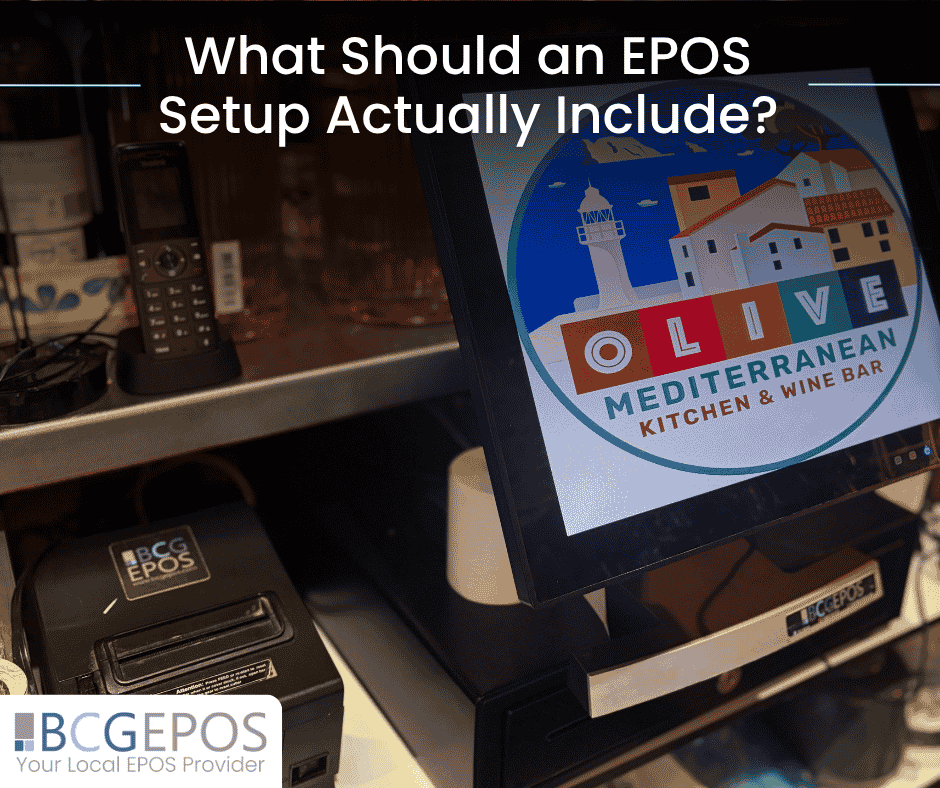 Complete EPOS setup with touchscreen terminal, cash drawer, receipt printer, payment terminal and back office reporting tools.