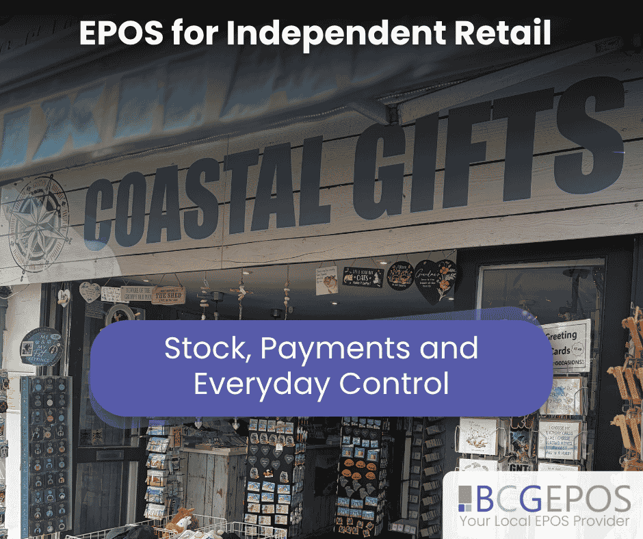 Independent retail shop using EPOS system with touchscreen till, barcode scanner, stock control and integrated card payments.