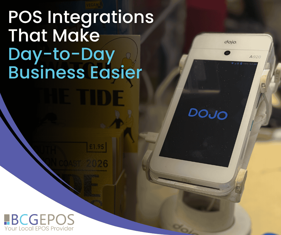 Connected EPOS integrations showing payments, accounting, online ordering, webshop sales, stock and reporting working together.