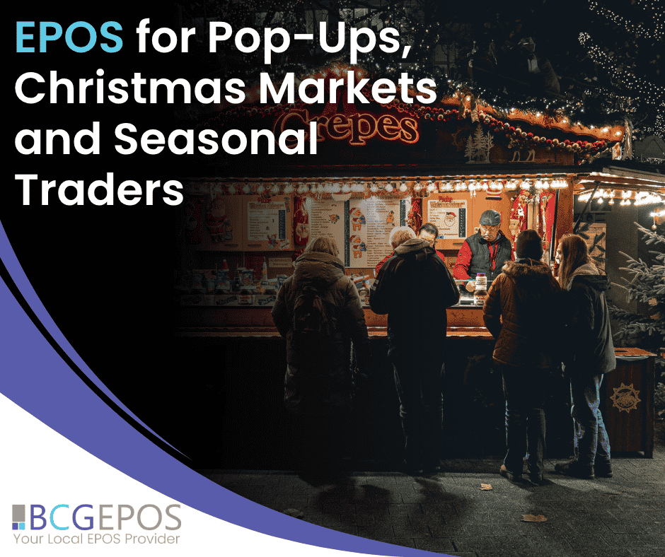 EPOS for pop-ups at a Christmas market with portable till and card payment terminal serving customers at a seasonal food stall.